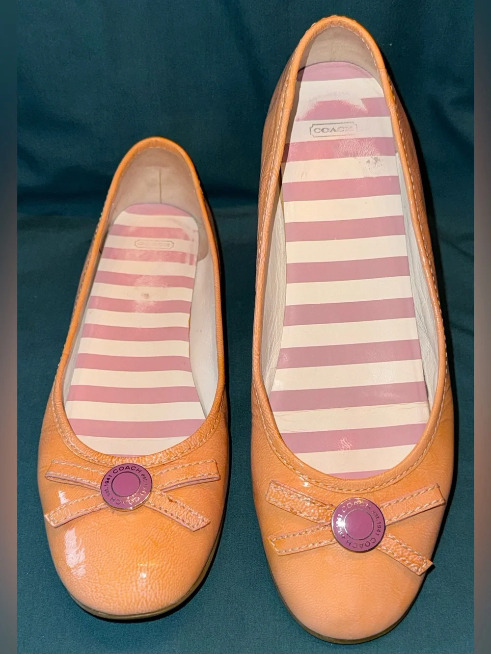 Coach Tan Leather Ballet Flats with Purple Button Detail